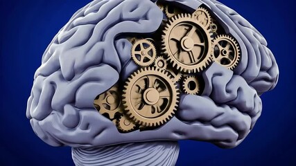 An animation of the human brain with its internal functions depicted as intricate, rotating golden gears, symbolizing the mechanics of thought, creativity, and intellect - Powered by Adobe