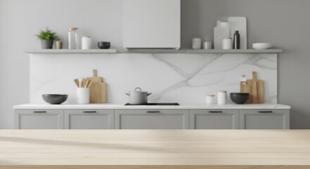 Wooden tabletop with Scandinavian kitchen background, natural daylight kitchen surface photography for editorial and product visuals