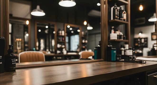Matte dark wood counter with blurred upscale barbershop background, moody masculine tabletop photography for grooming and lifestyle visuals