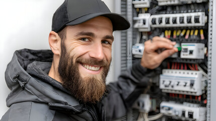 Portrait of a smiling electrician working on an electrical panel