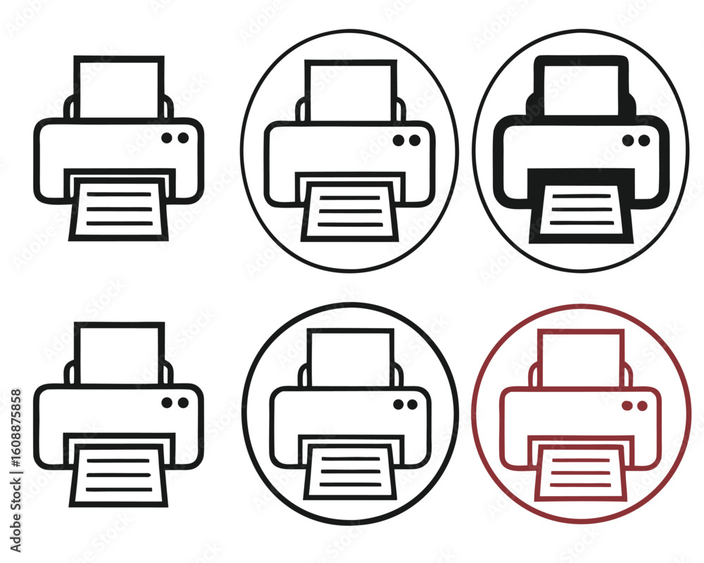 Poster set of stylish printer icons in various styles perfect for digital interface design and illustration