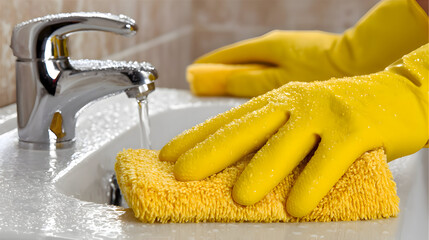 Cleaning a Bathroom Sink with Yellow Gloves and a Cloth