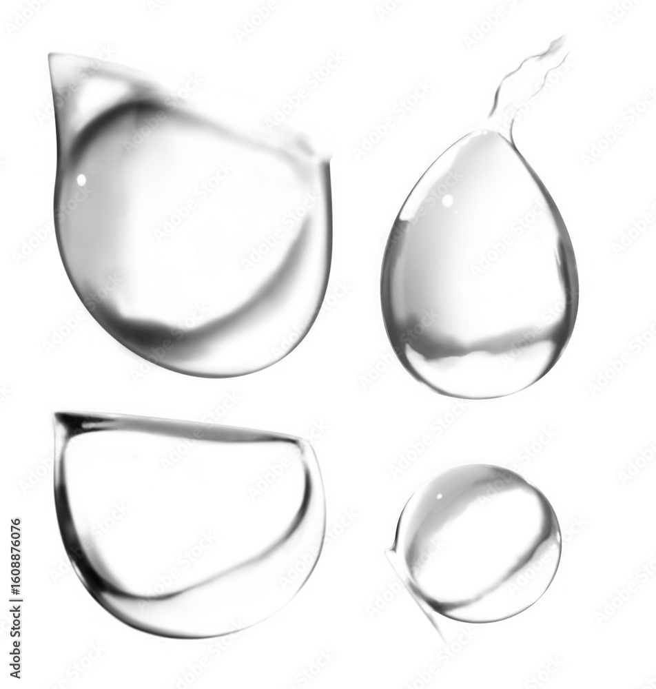 Poster four realistic water droplets with reflective surfaces and distinct shapes isolated on transparent b