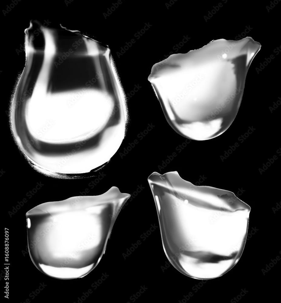 Poster four clear water droplets with unique shapes and reflections isolated on transparent background for 