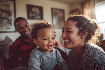 A young mixed-race family playing together in a cozy living room. Natural sunlight, joyful expressions, candid moment, warm tones, DSLR clarity.