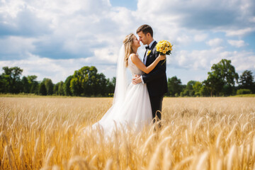 Happy young wedding couple embracing in a golden wheat field on a sunny summer day. Bride and groom in romantic outdoor portrait about to kiss.