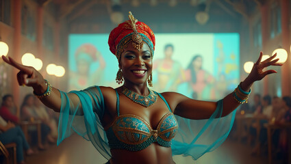 Happy woman in vibrant Indian-style dance costume with turban and jewelry poses on a stage. Joyful and elegant performer with arms outstretched, ready to dance in a festive indoor setting with blurred