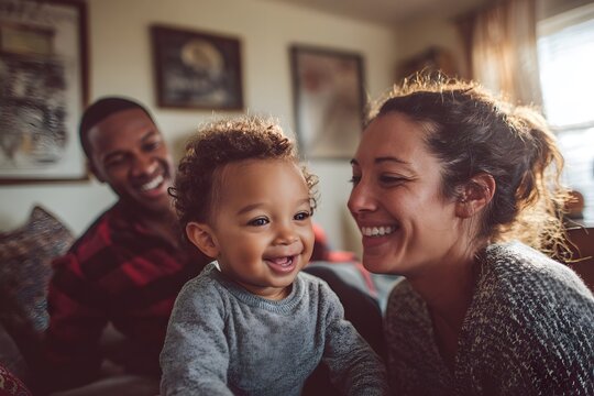 A young mixed-race family playing together in a cozy living room. Natural sunlight, joyful expressions, candid moment, warm tones, DSLR clarity. - Powered by Adobe