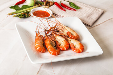 Boiled tiger prawn with sauce