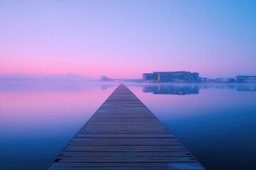 Fototapeta premium Misty sunrise over tranquil lake, wooden dock