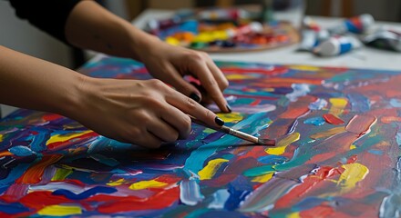 Obraz premium Artist's hands creatively painting colorful abstract artwork on canvas with brush in studio setting
