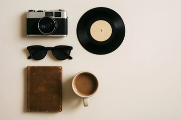 Flat Lay of Retro Camera Vinyl Record Sunglasses Notebook and Coffee on white Background, Vintage Travel and Music Accessories