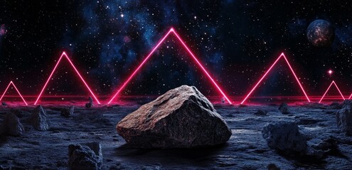 A dark space background with laser beams shining from the sky, creating an illusion of cosmic dust particles and red triangles in neon colors on it. In front is an object resembling a rock 