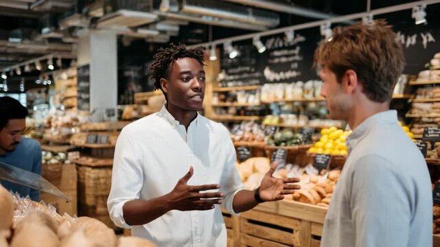 Customer Assistance at Grocery Store: A friendly store employee helps a customer select the right products, engaging in an amicable conversation to provide expert guidance.