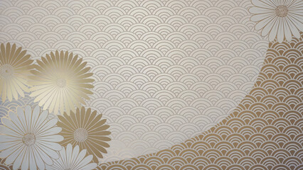 An elegant background with floral and wave patterns in white and gold tones for decorative purposes