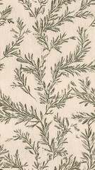 Seamless olive and botanical branch pattern in block print style with carved edges and hand-printed texture on warm beige vintage textile, rustic natural fibers look.