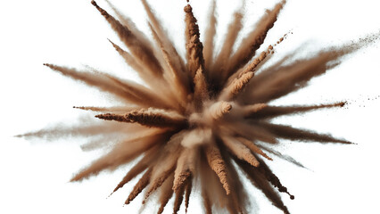 An explosion of brown powder against a white background creating a radial burst effect in the center