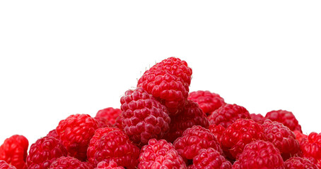 Raspberries piled high on a white background