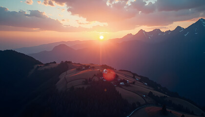 Golden hour light bathes a charming mountain village nestled amongst towering peaks at sunset