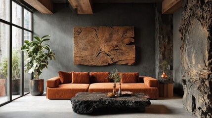 Modern living space featuring large orange sofa, wooden art, and a stone coffee table
