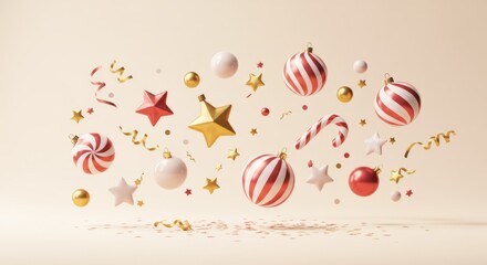 Festive christmas background with floating ornaments and decorations for holiday design