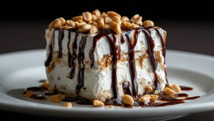 Close-up of a creamy, layered dessert, topped with chocolate and peanuts