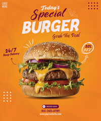 Today’s Special Burger Flyer.  Vibrant Fast Food Poster with 24/7 Delivery and Discount Offer