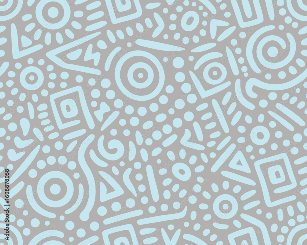 Poster seamless repeating pattern with abstract elements in light blue color on grey background.
