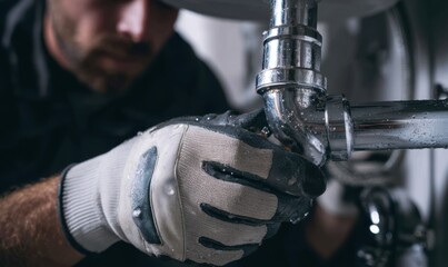 Plumber working on a drainpipe.  Close up