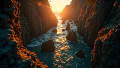 Golden hour sunlight illuminating rugged ocean cliffs and dramatic sea stacks