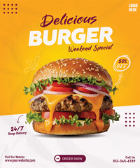 Weekend Burger Special Flyer – Juicy Cheeseburger Poster with discount and Home Delivery Offer
