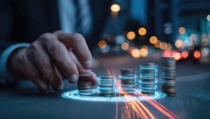 Businessman's hand places coins on growing stacks, digital graph overlay