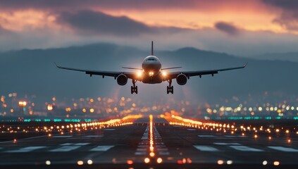 Airplane landing on runway at dusk. City lights blur in background