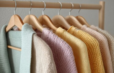 Knitted pastel color sweaters hanging on wooden hangers on a clothing rack
