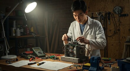 Focused student engineer building innovative tech device in his workshop under bright lamp light