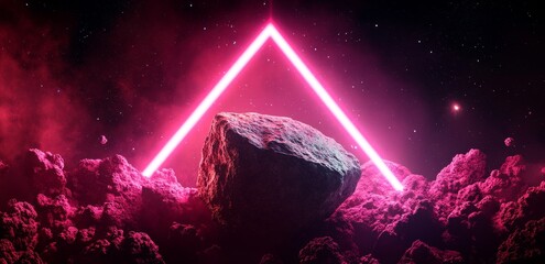 A dark space background with laser beams shining from the sky and illuminating dust particles, forming an abstract triangle shape around a planet in shades of pink and red