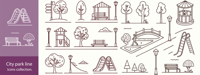 city park line icons collection. thin outline icon.