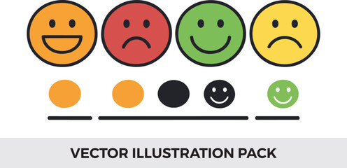 Customer Satisfaction Rating Scale Vector Illustration Pack with Happy, Sad, and Neutral Faces for Feedback Surveys