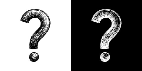 Black and white question mark illustration on transparent and black backgrounds, isolated vector image, chalk drawing  