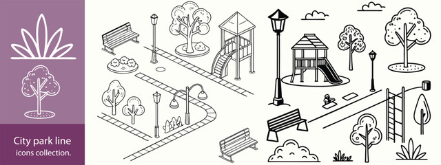 city park line icons collection. thin outline icon.