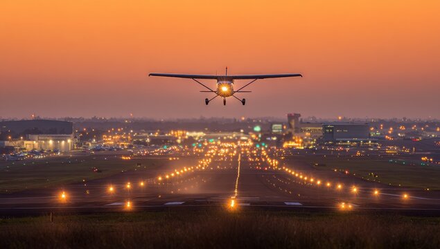 Small plane landing at dusk, city lights below