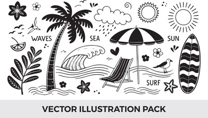 Black and White Beach Vector Illustration Pack: Summer Vacation Doodles with Palm Tree, Surfboard, Sun, Waves, and Tropical Elements