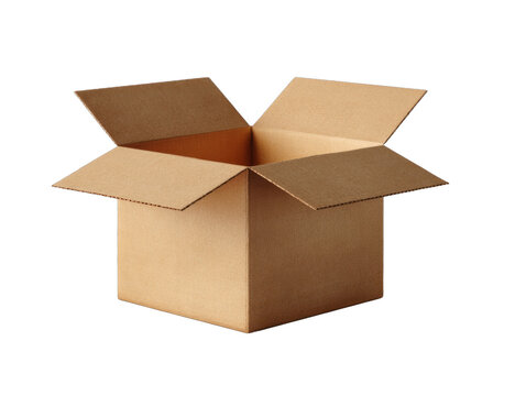 Open cardboard box isolated on transparent background, PNG. Moving, gift or parcel box with empty space.