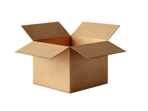 Open cardboard box isolated on transparent background, PNG. Moving, gift or parcel box with empty space.