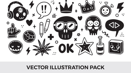 Vector Illustration Pack: Black and White Doodle Style Icons - Skull, Crown, Heart, Star, Speech Bubble, and More Street Art Elements