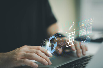 Business person point and manage online e-commerce business automation logistic supply chain in online dashboard. Global worldwide logistic management for online shopping with warehouse inventory.