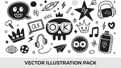 Hand-Drawn Doodle Illustration Pack: Skull, Crown, Headphones, Star, Music Note, Eye, Paper Plane, Vector Graphics, Black and White Art