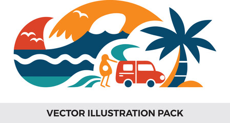 Tropical Beach Vector Illustration: Surfer, Car, Palm Tree, Waves, and Sunset Graphic Design for Summer Vacation