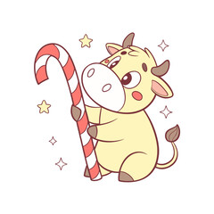 A cute cartoon cow holding a red and white striped candy cane, surrounded by sparkling stars on a white background.