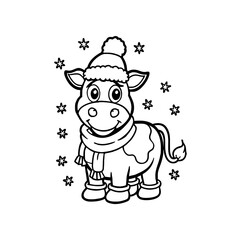 A cute cartoon cow wearing a winter hat, scarf, and boots stands surrounded by snowflakes in a black and white illustration.